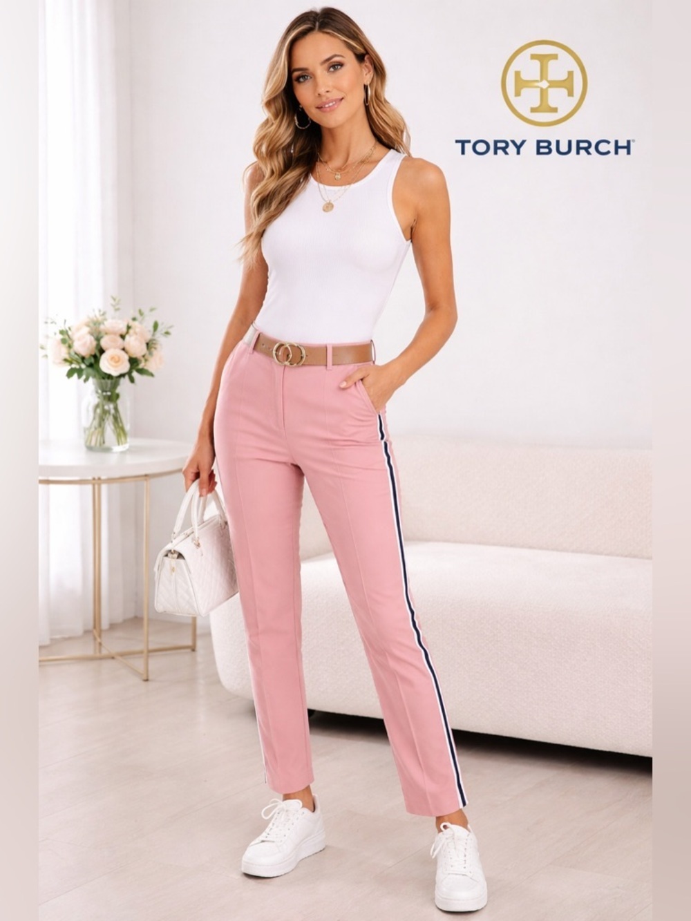 Tory Burch Pink Tailored Side-Stripe Pants